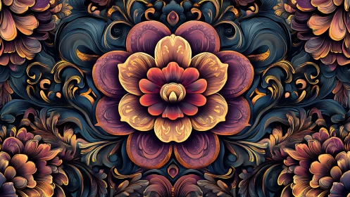 Ornate floral mandala glows against dark swirling foliage