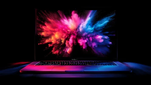 Color clouds detonate from a glowing laptop in midnight silence