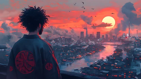 Sunset watcher quietly overlooks a neon washed riverside city