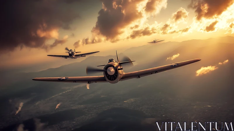 WWII fighter squadron cuts through burning sunset sky