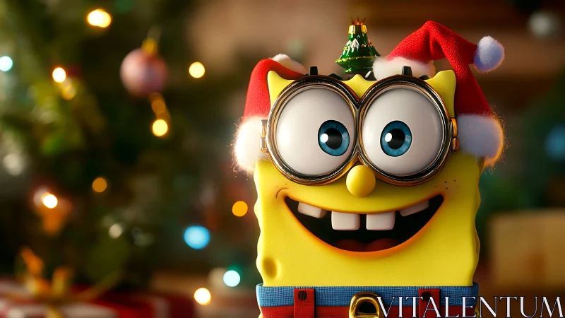 Cartoon sponge character in Christmas setting with lights.