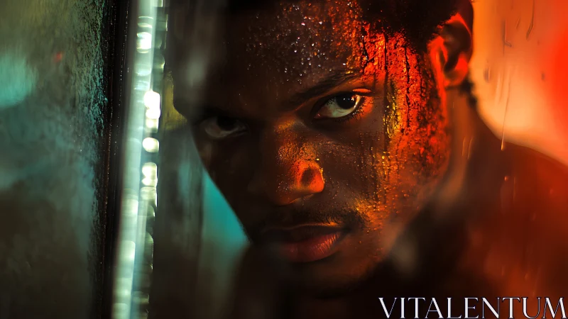 Low-key portrait isolates wet skin texture under bicolor rim lighting