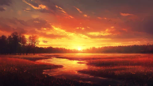 Sunset illuminates a flat wetland with distant tree line