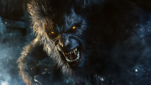 Ferocious werewolf lunges through icy nocturnal mist.