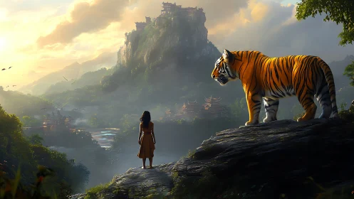 Woman and tiger overlook misty mountain temples at dawn.