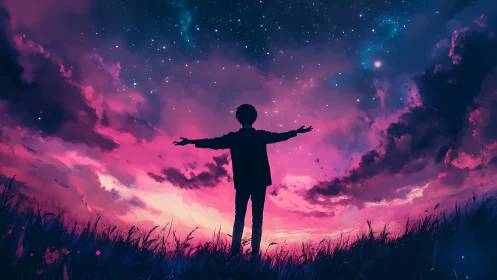 Silhouetted figure embraces vivid pink twilight sky