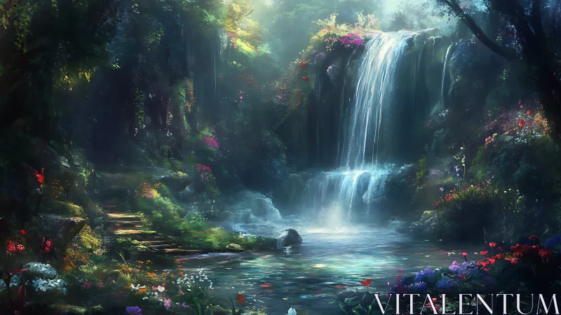 Spectral cascade and chromatic flora in luminous forest basin.