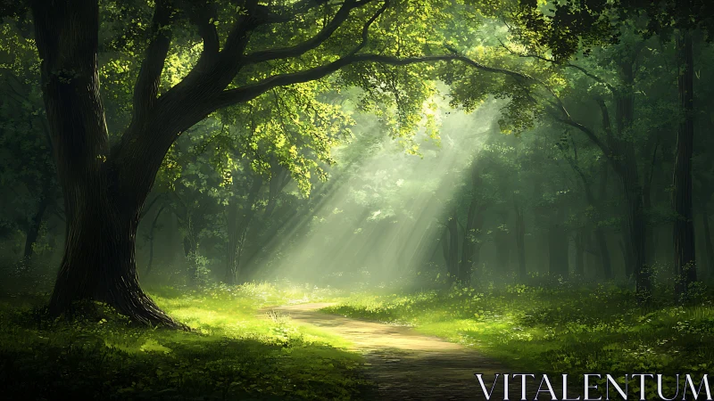 Sunlit forest path with lush greenery in serene digital painting.