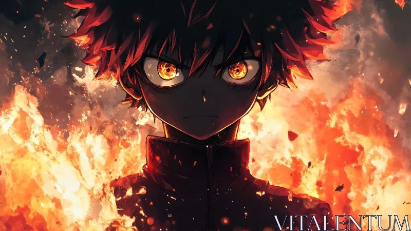 Fire-eyed anime rebel standing unshaken in roaring inferno.