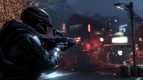 Tactical exosuit operative in neon-washed urban perimeter patrol.