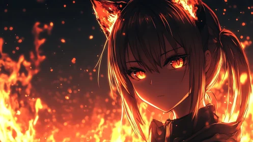 Foxfire gaze holds the inferno still around her quiet face