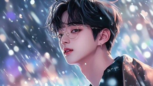 Glasses-wearing youth under neon rain, soft bokeh glow.