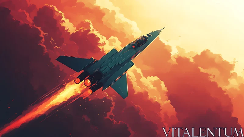 Jet aircraft ascends through dense clouds with exhaust plume