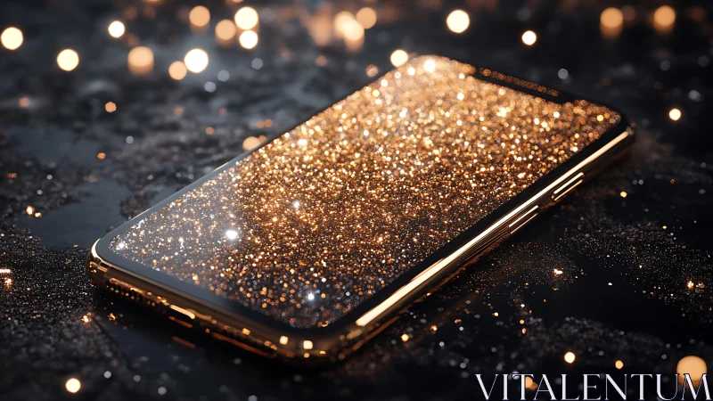 Luxury smartphone with golden glitter display on dark surface.
