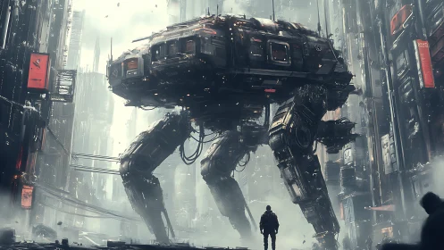 Colossal quadruped combat mech towers over dystopian city street