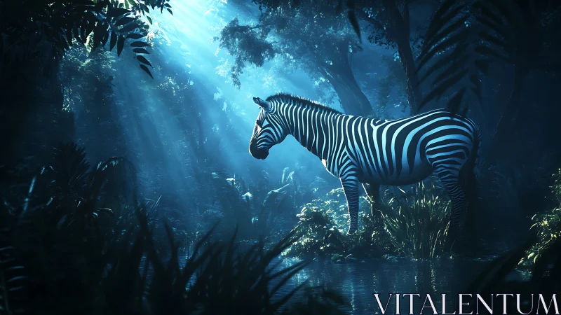 Moonlit stripes sip silence in a blue jungle clearing