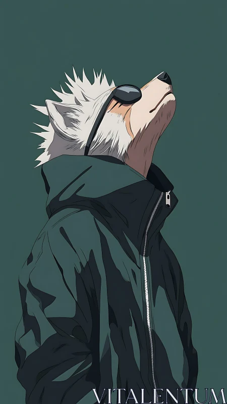 Stylized anthropomorphic dog in jacket and sunglasses looks up