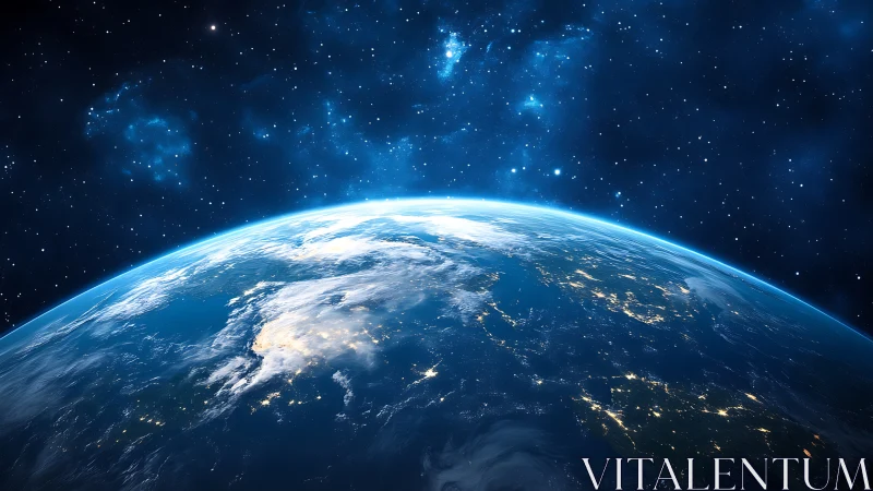 Curved horizon shows illuminated Earth against star field