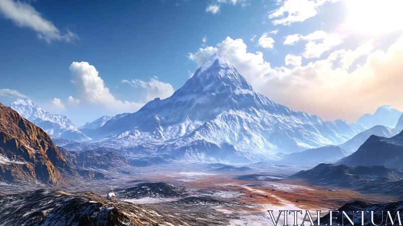 Snow covered mountain peak over wide valley at sunrise.