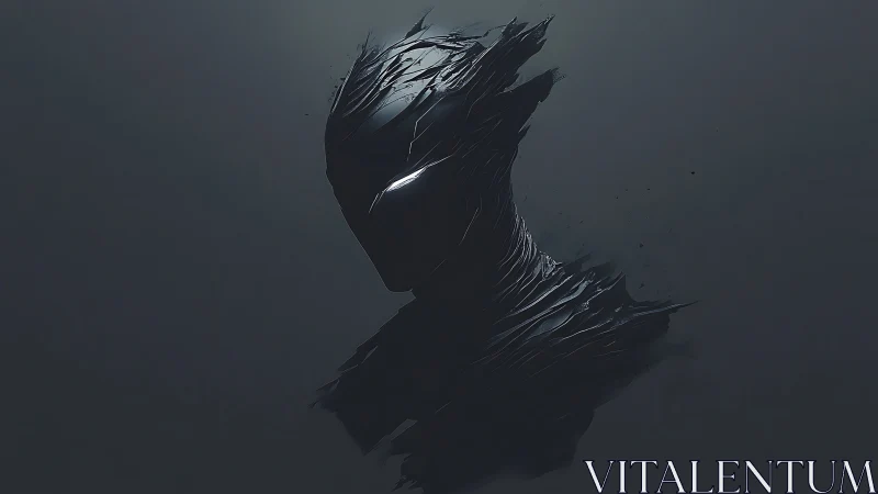 Shattered obsidian cyber-silhouette with luminescent eye core.