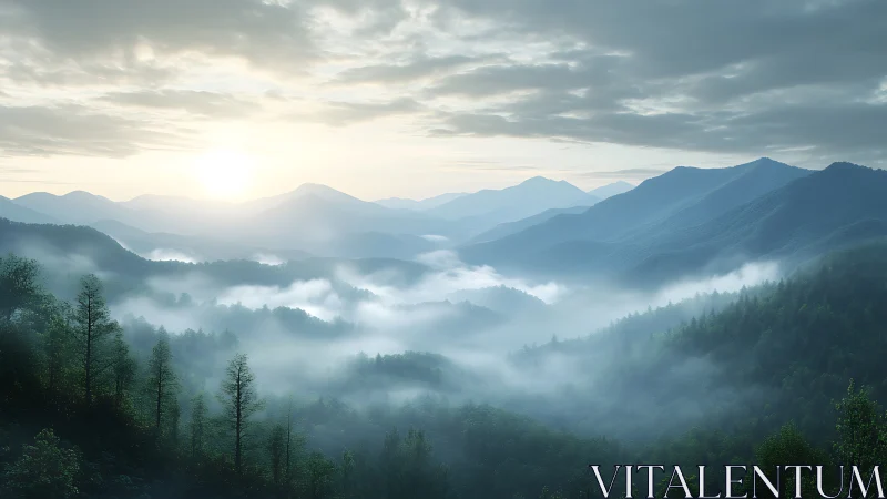 Photorealistic misted mountain valley at sunrise panorama.
