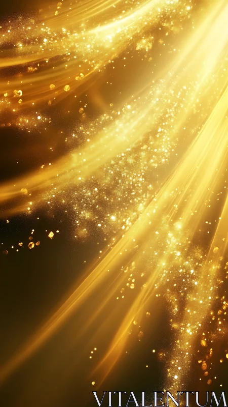 Radiant golden light streams pour across sparkling particles