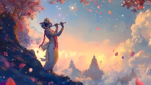 Divine flute player on cliff at dreamy sunset sky