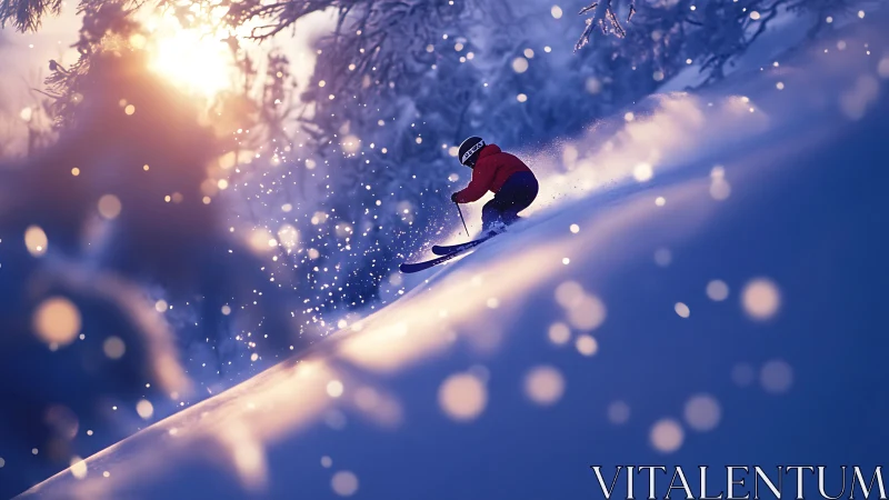 Skier descending snowy slope in warm sunset light.