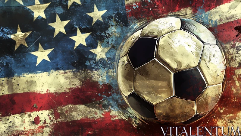 Grunge soccer ball overlaying distressed US flag artwork.