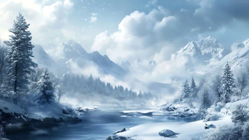 Digital painting of alpine winter river with atmospheric depth.