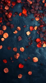 Red leaves scattered on dark textured background surface.