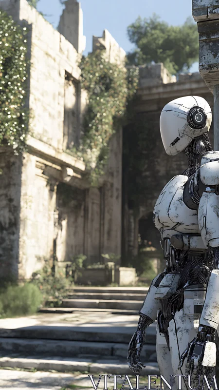 Gentle robot wandering through sunlit ancient ruins.