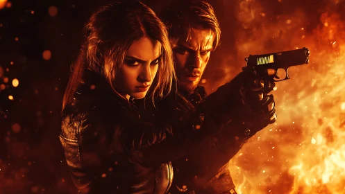 Armed Figures In Fiery Combat Scene With Explosive Background