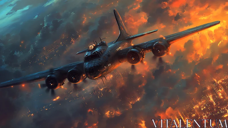 Storm-forged bomber skims a burning horizon of city fire.
