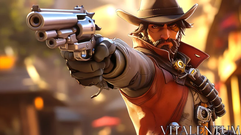 Stylized gunslinger aiming revolver in warm sunset street
