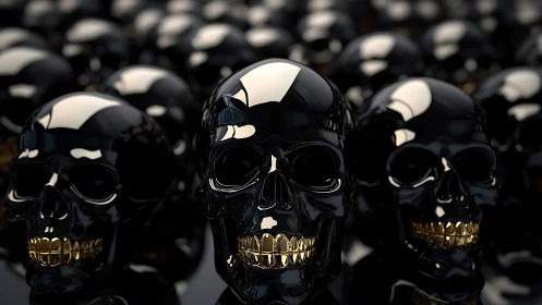 Polished black skull models with reflective surfaces form rows