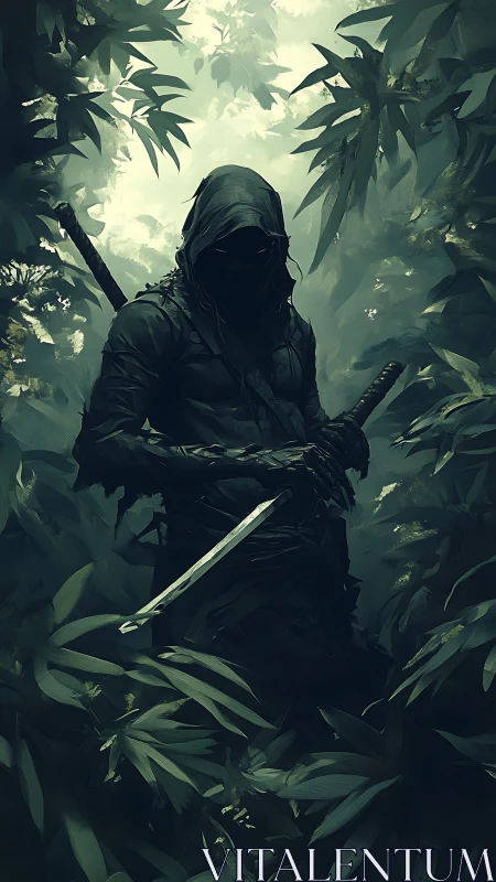 Digital painting of hooded jungle assassin in dense foliage field.