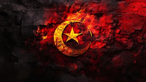 Burning crescent and star emblem on cracked dark stone wall