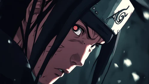 Close profile view of anime ninja with headband and red eye.