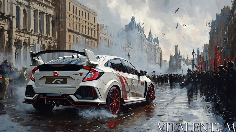 Honda Civic Type R on wet city boulevard with racing crowd