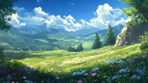 Sunlit alpine meadow opens onto distant blue mountains