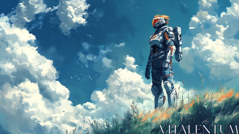 Skyward ranger in luminous armor above drifting summer clouds.