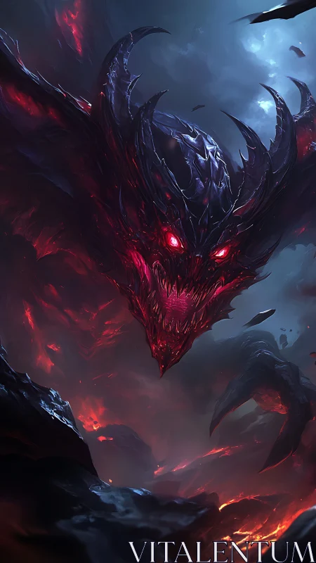 Demonic entity with glowing eyes emerges over molten terrain