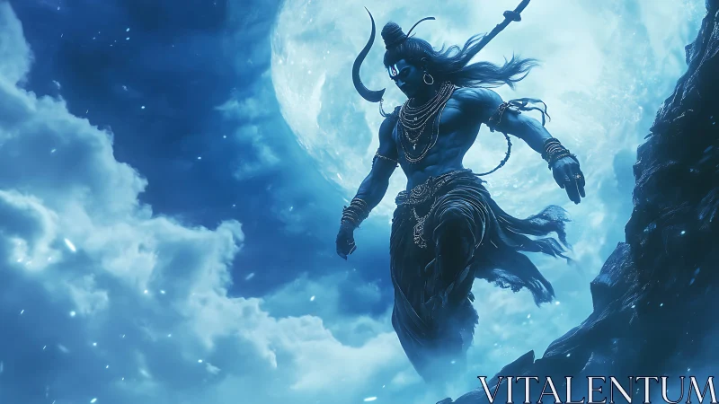 Celestial warrior silhouette strides before an oversized moon