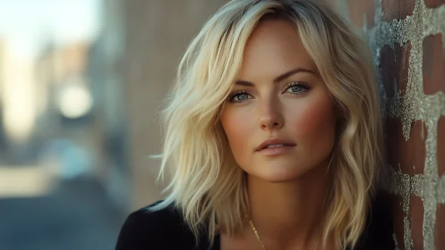 Blonde woman portrait against brick wall in soft daylight.
