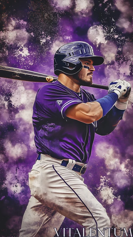 Dynamic digital painting of baseball batter with violet haze background.