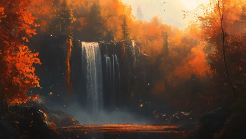 Autumn forest waterfall under golden sunset haze.