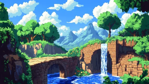 Pixel forest canyon with stone bridge and waterfall.