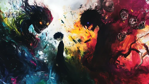 Haunted youth surrounded by swirling colorful nightmares.