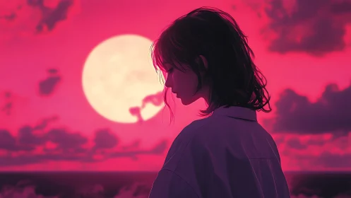 Solitary silhouette before neon moonlit ocean horizon.